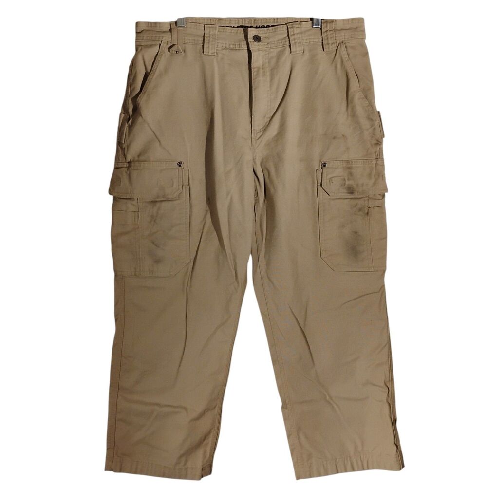 Duluth Trading Flex Fire Hose cargo pants mens 38x28 beige relaxed fit stretch